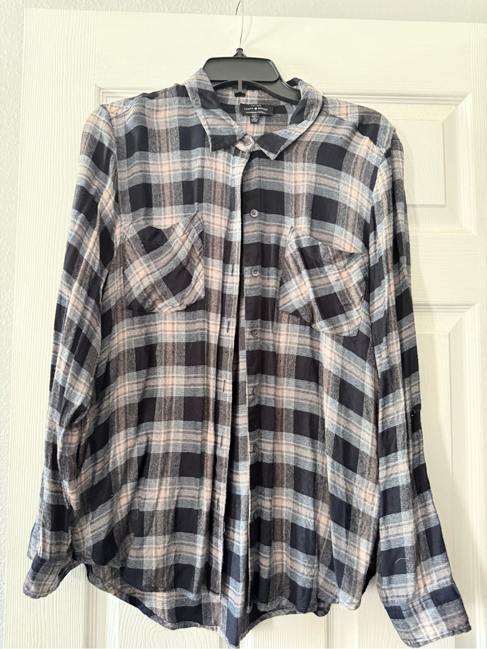 Lucky Brand Navy, Cream & Gray Plaid Button-Up Shirt